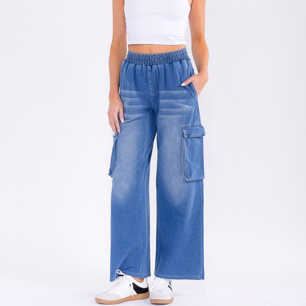 Blue Blush Elastic Waist Cargo Pocket Wide Leg Denim Look Pants Low Slung Baggy
